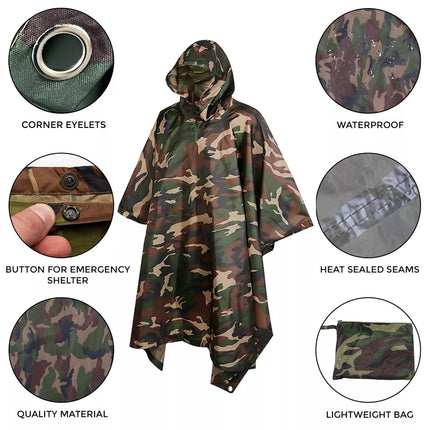 Foreign Trade Camouflage Raincoat, Heavy Rain Oxford Cloth, Full-Body Integrated Adult Outdoor Mountaineering Poncho, Rainproof Outdoor Hiking