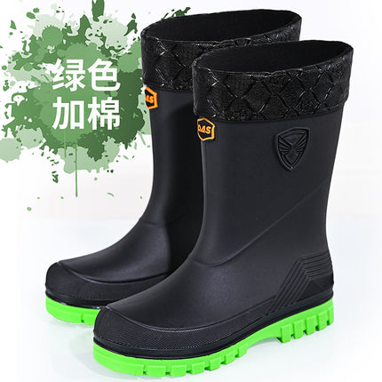 2026 New Cross-Border Korean and Japanese Waterproof Rubber Shoes, Fashionable Water Shoes, Outdoor Non-Slip Mid-Calf Fleece-Lined Men's Rain Boots