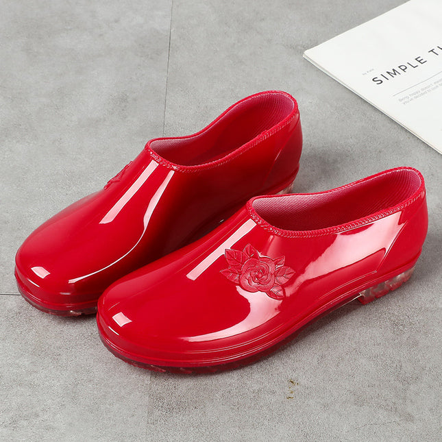PVC Fashion Shallow Mouth Wear-resistant Kitchen Women's Water Shoes Non-slip Yuanbao Low-side Car Wash Labor Protection Red Rain Boots