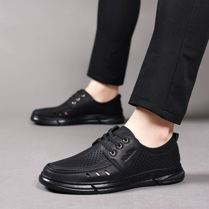 Summer Business Casual Leather Shoes for Men, Hollow Breathable Sandals, Lace-Up Professional Work Shoes, Flat Driving Shoes, Clogs
