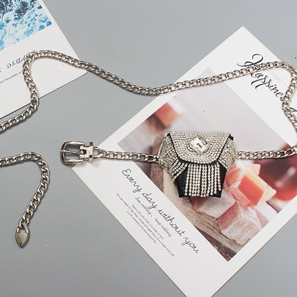 Mini Full diamond small waist bag female fashion ins silver decorative waist chain bag new adjustable body chain rhinestone bag