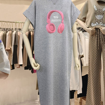 plus size Short-sleeved Cotton Mid-length Dress Women's 2025 Summer New All-match Loose Long Dress Flying Sleeve Split dress