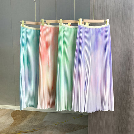 Gradient Print Stylish Age-Reducing Long-Sleeve Top Two-Piece Set European and American Export Pleated Slim-Fit Slimming Pleated Skirt