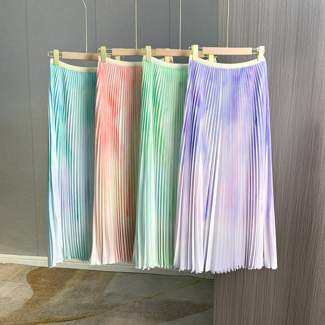 Gradient Print Stylish Age-Reducing Long-Sleeve Top Two-Piece Set European and American Export Pleated Slim-Fit Slimming Pleated Skirt