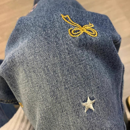 Autumn American Cartoon Embroidered Straight Jeans for Women, Retro Design, High-Waisted, Slimming, Floor-Length Wide-Leg Pants, Trendy