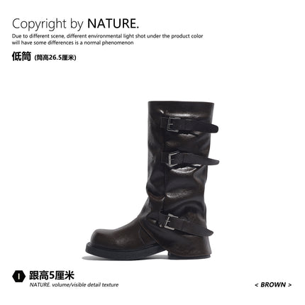 Thick-Soled Belt Buckle Trouser Boots for Women, Pleated Soft Leather Square and Round Toe Mid-Calf Boots, Autumn and Winter New High-Top Knight Boots