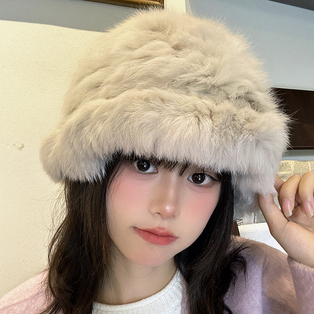 Falling pool knitted ~ rabbit fur velvet handmade fisherman hat makes face look small winter warm atmosphere hat makes face look small for women