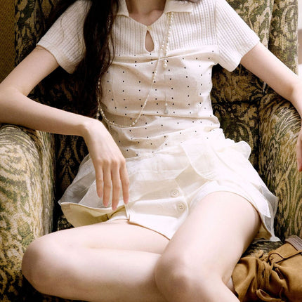 Today's Artist-Designed Original Beige Polka Dot New-Style Bohemian Short-Sleeve Top with Lace and Ribbon