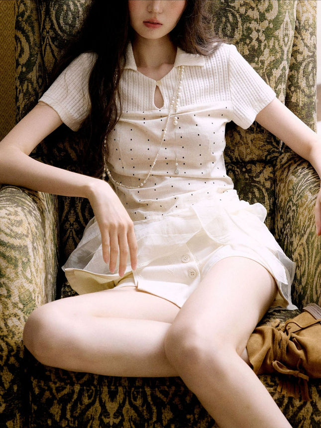 Today's Artist-Designed Original Beige Polka Dot New-Style Bohemian Short-Sleeve Top with Lace and Ribbon