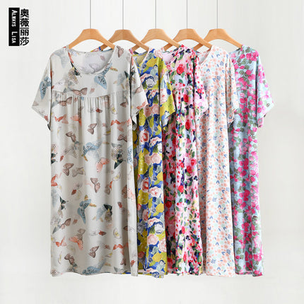 Cotton Silk Nightdress Women's Short-sleeved Artificial Cotton Pajamas Summer Thin Large Size Loose Home Clothes Simple Floral Dress