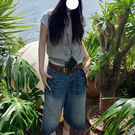 Plus-Size American Retro Lightning Design Denim Shorts for Women, New Summer Style, Loose Wide-Leg Cropped Pants for Plus-Size Women
