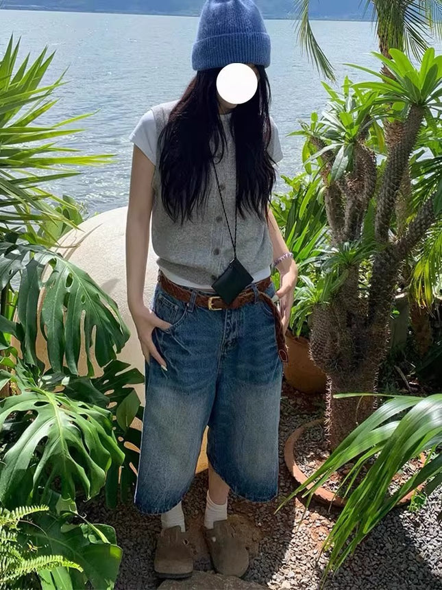 Plus-Size American Retro Lightning Design Denim Shorts for Women, New Summer Style, Loose Wide-Leg Cropped Pants for Plus-Size Women