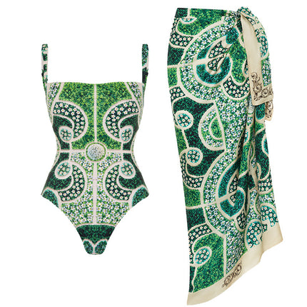 2025 European and American New Style Printed Tassel One-Piece Swimsuit Wrap Skirt Suit Women's Cross-Border Hot Style