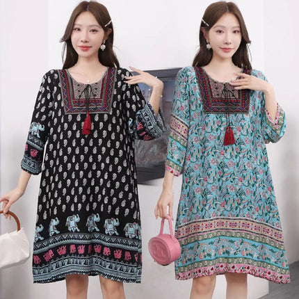 Extra Large Size Ethnic Style Round Neck Three-Quarter Sleeve Dress Loose Embroidered Flower Cotton Silk Travel Beach Skirt for Women