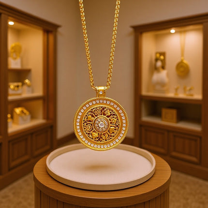 Brass Gold-Plated Large Eight-Treasure Compass Necklace with Ancient-Style Diamond Inlay, Sweater Chain, Round Disc Fortune Lockbone Chain for Women