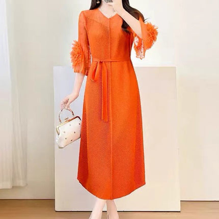 2026 New Early Autumn Issey Miyake Fashion-Inspired Floral Bud Skirt, Loose Slimming Dress, Hand-Pressed Crinkle Dress for Women
