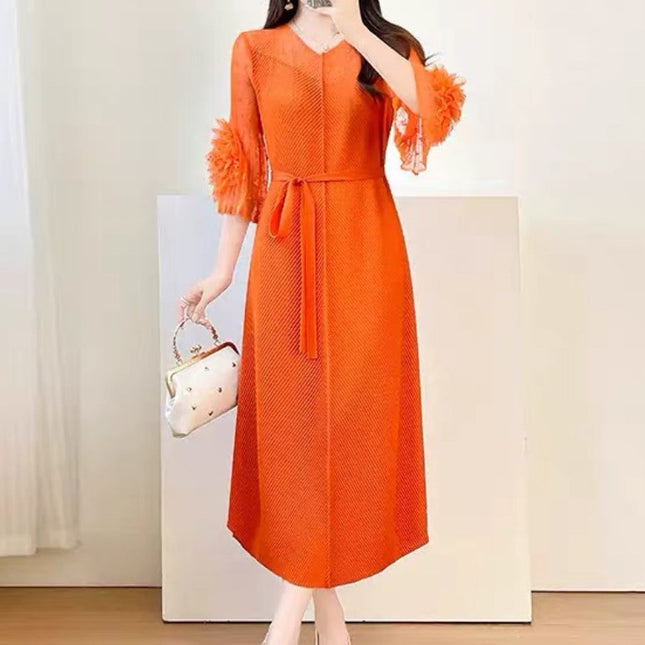 2026 New Early Autumn Issey Miyake Fashion-Inspired Floral Bud Skirt, Loose Slimming Dress, Hand-Pressed Crinkle Dress for Women