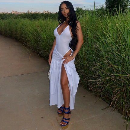 Vacation Style European and American Cross-Border Summer Women's Halterneck Lace-Up Backless Slit Fashion Casual Sexy Skirt Suit Trendy
