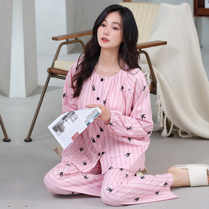 Spring and Autumn Women's Powder Striped Elegant Cardigan Pajamas Mother's Soft Modal Long Sleeve Trousers with Chest Pad Home Clothes