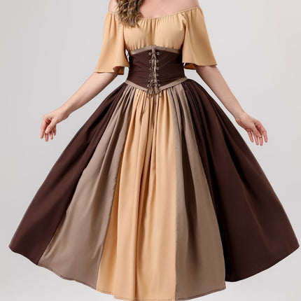 European and American New Arrivals: Medieval Retro Color-Blocking Dress with Flutter Sleeves, Tie-Waist, and Large Hem, Suitable for Masquerade Ball Performance