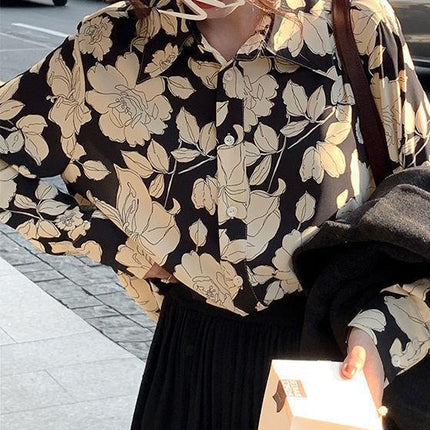 Personalized Printing ~ Retro Elegant Niche Hong Kong Style Long-Sleeved Shirt for Women Spring & Fall New Loose Casual Lapel Shirt