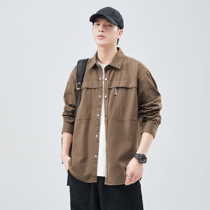 Heavy Wash Cotton Japanese Style Retro Fashional Brand Loose Casual Shirt Jacket Brown in stock Single Square Collar