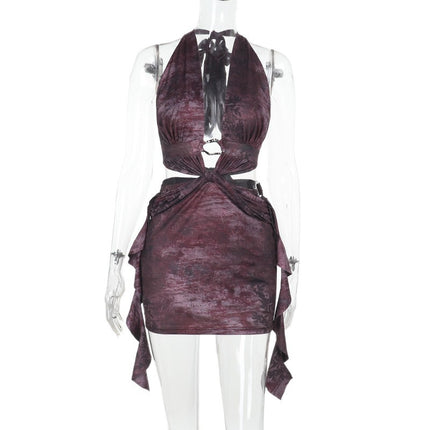 European and American Cross-Border Halterneck Dress with Ribbons, Cut Out Back Straps, Sexy Nightclub Party Slim Fit Hip-Hugging Short Skirt for Women