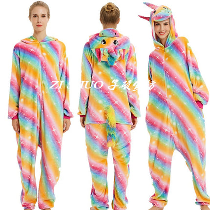 Cartoon One-Piece Cross-Border New Flannel Autumn and Winter Pajamas Animal Luminous Pegasus Dinosaur Couple Pajamas Home Clothes