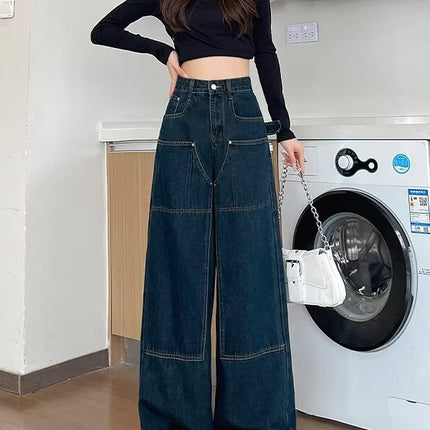 Real shot retro wide leg jeans women's early autumn 2024 new high waist loose drape straight tube mop pants