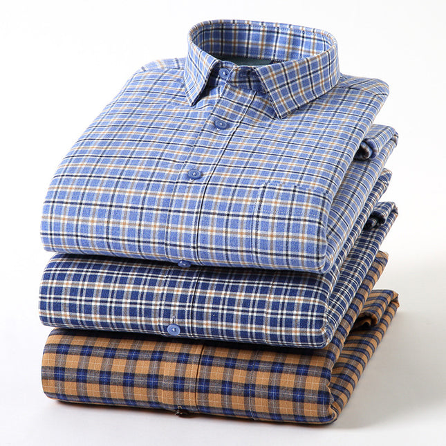 24 Winter Pure Cotton Brushed Plaid Warm Shirt Fleece-Lined Thickeneded Winter Shirt Light Business Square Collar Long-Sleeved Shirt