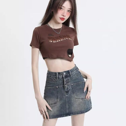 Anti-glare High Waist Denim Skirt Women's Summer New American Style Spice Girl Slimming Straight A- line Hip Short Skirt