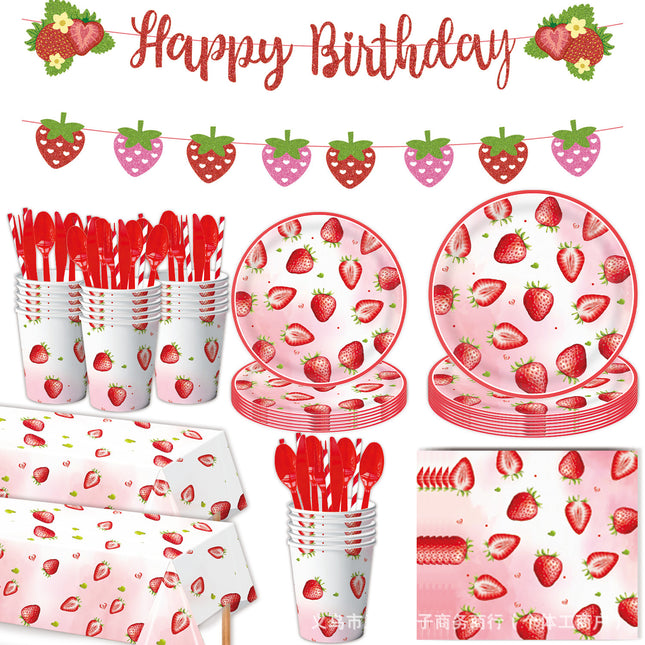 New Summer Sweet Strawberry Party Tableware Paper Plate Disposable Tissue Paper Cup Tablecloth Summer Red Fruit