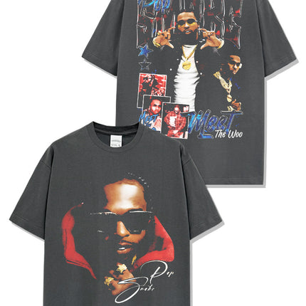 Cross-border American Hip-hop Smoke Pop Smoke Printed Short-sleeved T-shirt Washed Long-sleeved Loose Hooded Sweat for Men