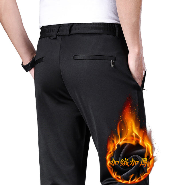 Autumn and Winter fleece-lined Casual Pants Straight Elastic Waist Stretch Pants Men's Thickened Business Men's Pants Elastic Waist Warm Pants