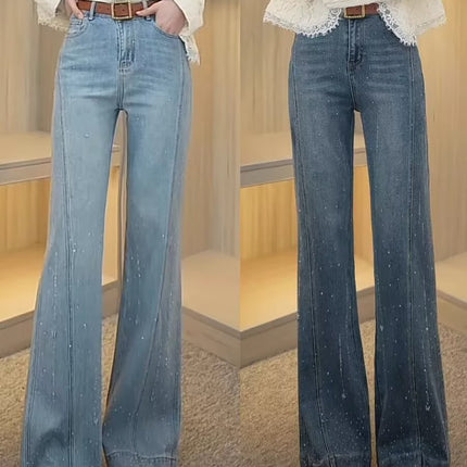 Plus Size Retro Rhinestone Stretch Jeans for Women Spring Summer High Waist Slimming Non-Stick Leg Bootcut Flared Pants