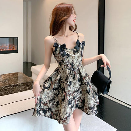 Real Shot of In-Stock Summer Clothing, New 2026 French-Style Embroidered High-Waist Strap Dress with Bow and Pearl Puff Short Skirt