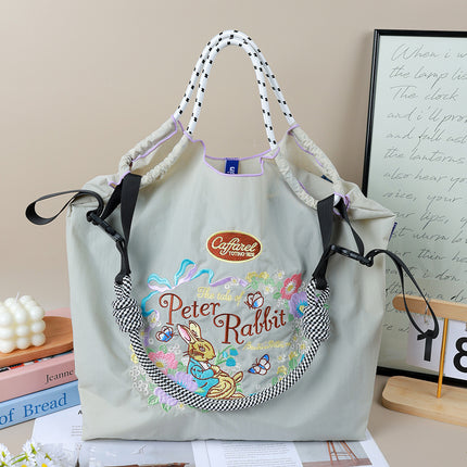 Cross-Border New Embroidered Shoulder Bag Large Capacity Bag Women's Environmentally Friendly Shopping Bag Embroidered Crossbody Bag Nylon Tote Bag