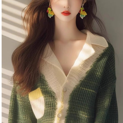 2024 Popular Pretty Shirt Small Fashionable Western Style Loose Slimming Green V-neck Knitted Long Sleeve Cardigan for Women
