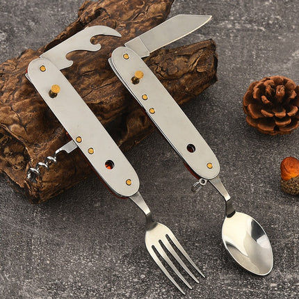 Stainless Steel 6-in-1 Multifunctional Cutlery Foldable Knife, Fork, Spoon Outdoor Picnic Set Portable Outdoor Tool