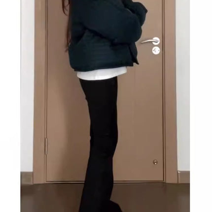 Black Flared Jeans for Women, Autumn High-Waisted Slim Fit Straight-Leg Floor-Length Bootcut Pants, Trendy Slimming Effect