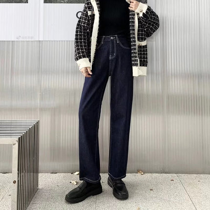 High waist wide leg jeans for women Spring and Autumn 2024 new dark blue loose straight all-match draping mop pants