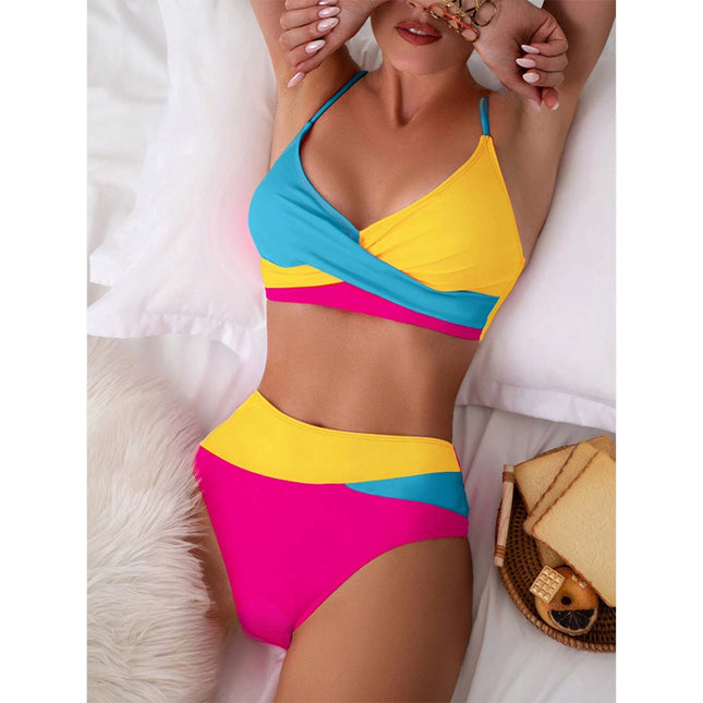 Cross-border Color Split Swimsuit Women's European and American Bikini New Sexy Gather High-end Backless High-waist Bikini