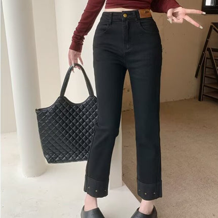 plus size Vintage Stretch Jeans Women's Autumn New chubby girl Small Slim Look High Waist Cropped Straight Pipe Pants