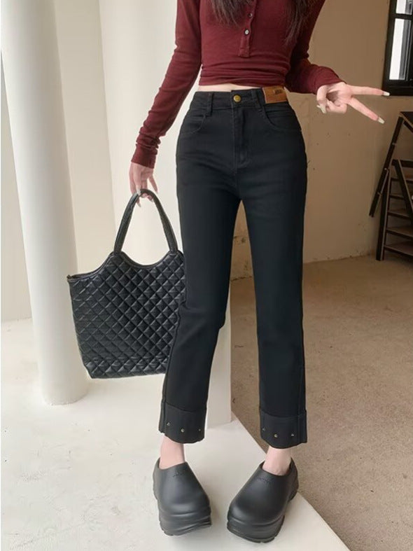 plus size Vintage Stretch Jeans Women's Autumn New chubby girl Small Slim Look High Waist Cropped Straight Pipe Pants