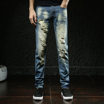 2025 Autumn Ripped Light Blue Jeans Men's Trendy Brand Slim Small Straight-Leg Pants Trendy Easiest for Match Beggar Pants