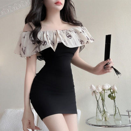 French Pure Lust Style One-Shoulder Sweet Waist-Cinching Short-Sleeved Dress for Women Summer Temperament Slim Knitted Hip-Hugging Short Skirt