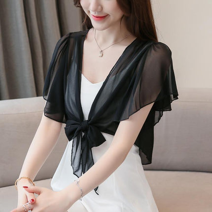 Sunscreen Cardigan Women's Spring and Summer Shawl Outer Blouse Thin Jacket with Sling Skirt Chiffon Small Waistcoat