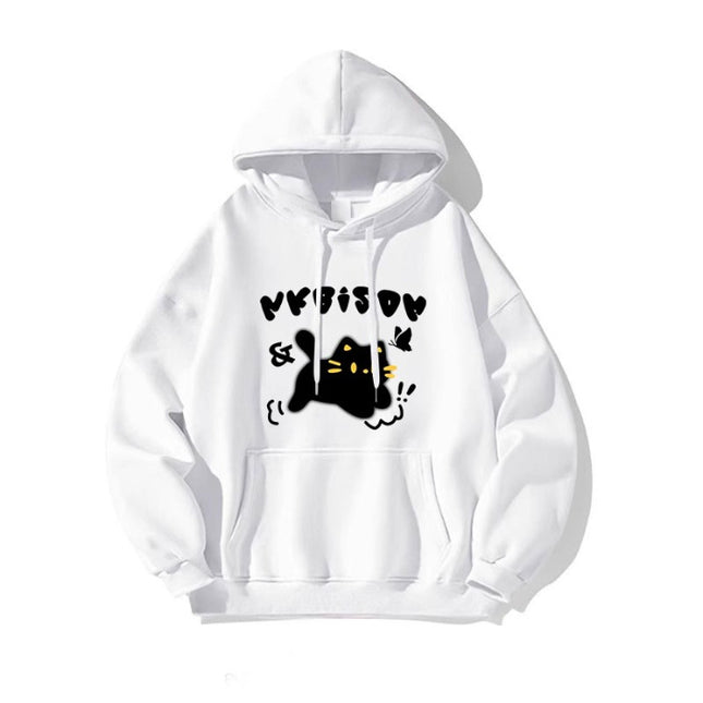 [David's 190g] Korean version of black cat printed sweater students fall/winter loose hooded pullover coat