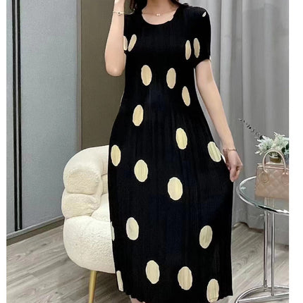 Miyake pleated 2025 summer new temperament round neck printed pleated skirt fashion waist thin magic dress
