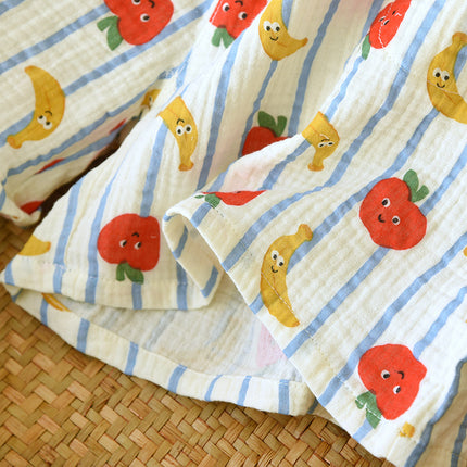 Summer Pure Cotton Crepe Lapel Short-Sleeved Shorts Pajamas Two-Piece Set for Women Apple Banana Loose Thin Home Clothes